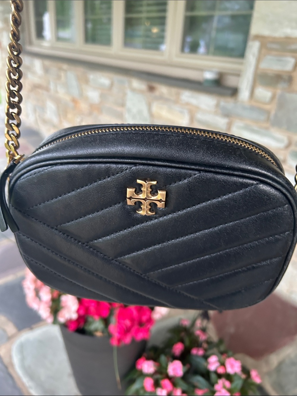 Tory Burch Black Quilted Leather Oval Crossbody with Gold Logo